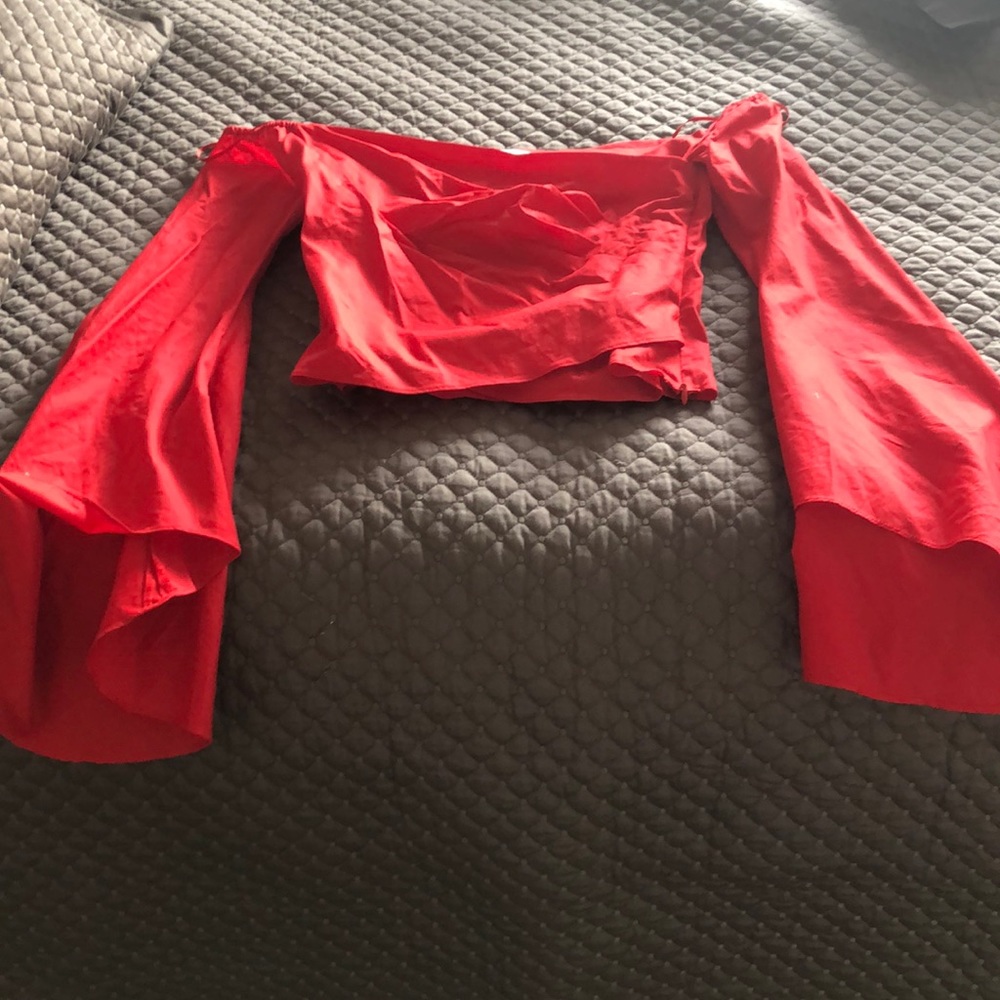 Red fitted cropped top with bell sleeves from saks
